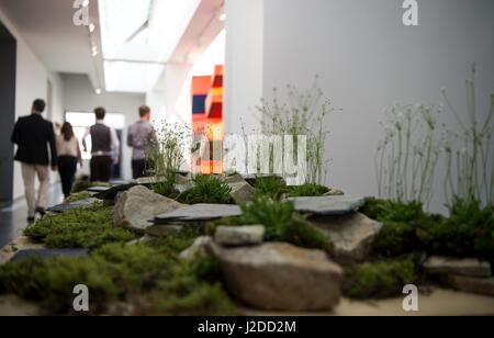 Berlin, Allemagne. Apr 27, 2017. Un visiteur observe le travail de l'artiste albanais Anri Sala dans l'exposition 'prendre' à la galerie Schipper à Berlin, Allemagne, 27 avril 2017. La galerie Week-end à Berlin seront établies à partir de présenter des expositions et des artistes dans 47 galeries à travers Berlin entre le 28 et le 30 avril 2017. Photo : Monika Skolimowska/dpa/Alamy Live News Banque D'Images