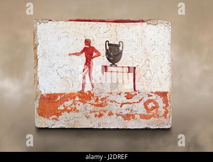 Fresque grecque sur l'intérieur de la Tombe du Plongeur [la Tomba del Truffatore]. La tombe est peinte avec la technique de fresque et son importance se coucher Banque D'Images