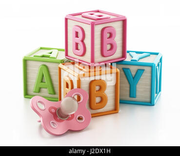 Jouet bébé cubes colorés formant des mots. 3D illustration. Banque D'Images