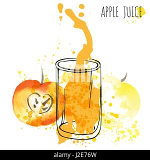 Le jus de pomme vecteur illustration aquarelle splash. Avec Apple et de verre isolé sur fond blanc. Débit de boissons d'Apple avec des fruits et des éclaboussures. Illustration de Vecteur