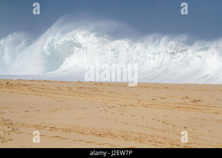 Un gros shore break océan vagues se brisant sur la plage sur la côte nord d'Oahu, Hawaii Banque D'Images