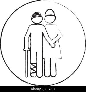 Châssis circulaire pictogramme silhouette floue avec infirmière patient pansé Illustration de Vecteur