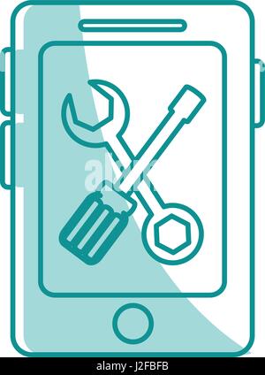 Silhouette d'une ombre de bleu smartphone avec set tournevis à cliquet et sur l'affichage Illustration de Vecteur