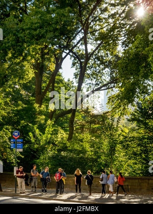 Une foule diversifiée de voyageurs attend à un arrêt de bus en direction de Central Park sur la Cinquième Avenue, New York City, sous le soleil d'après-midi d'été. Remarque L'inscription Inscription différents bus. Banque D'Images