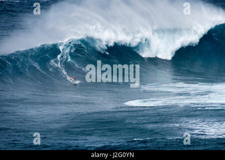 USA, Hawaii, Maui. Champion du Monde de planche à voile Robby Naish monster vagues à Pe'ahi Jaws, Rive Nord de Maui. Banque D'Images