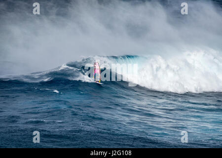 USA, Hawaii, Maui. Robby Naish windsurf monster vagues à Pe'ahi Jaws, Rive Nord de Maui. Banque D'Images