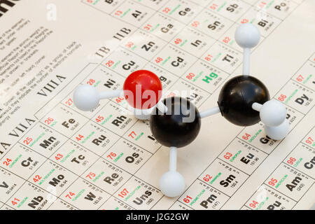 Ball-and-stick modèle de l'éthanol (alcool, C2H5OH) avec le tableau périodique des éléments sur l'arrière-plan. Banque D'Images