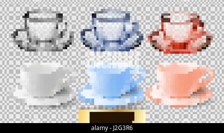 Un ensemble de tasses à thé en verre et en céramique. Tasses en verre multicolore transparent. Vector illustration détaillée Haut de tasses colorées isolé sur fond blanc Illustration de Vecteur