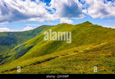 Chemin à travers un pré herbeux sur une colline. destination - pic de montagne. Belle paysage estival par beau temps avec quelques nuages sur un ciel bleu. Banque D'Images