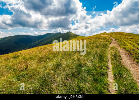Chemin à travers un pré herbeux sur une colline. destination - pic de montagne. Belle paysage estival par beau temps avec quelques nuages sur un ciel bleu. Banque D'Images
