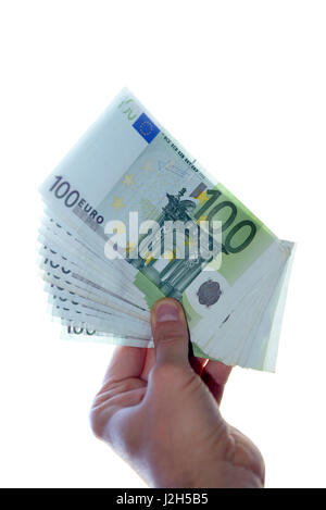 Une main tenant 100 billets en euros Banque D'Images