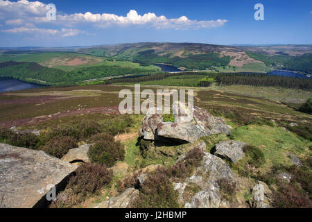 Vue d'été de gagner la colline Ladybower reservoir, Derwent Valley, Derbyshire, parc national de Peak District, England, UK Banque D'Images