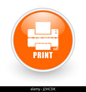 La conception moderne de l'imprimante l'icône web orange brillant sur fond blanc. Banque D'Images