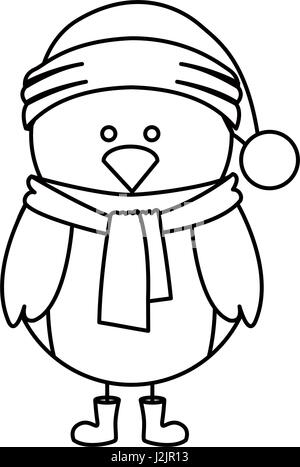 De poulet avec contour noir foulard bottes et gants et chapeau de Noël Illustration de Vecteur