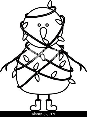 Contour de bonhomme monochrome avec des bottes et enchevêtré dans Noël lumières de cordon Illustration de Vecteur