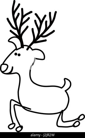 Contour monochrome caricature de renne rigolo de genoux Illustration de Vecteur
