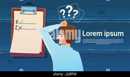 L'homme d'affaires confus debout dos à la question de la liste de vérification à Mark pense que Problème Solution Illustration de Vecteur