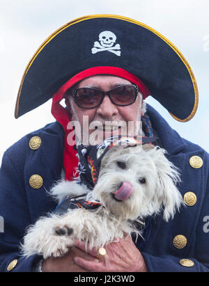 Dans la chasse au trésor de pirate festivités du 8ème Festival Pirate à Brixham. Dans la vie réelle, le Col Sutton a été honoré pour son travail la lutte contre le trafic de drogue tout en travaillant dans la Police de Miami dans les années 1980. Le Festival se déroule jusqu'Prirate lundi férié. Sud ouest : Crédit Photos / Alamy Live News. Banque D'Images