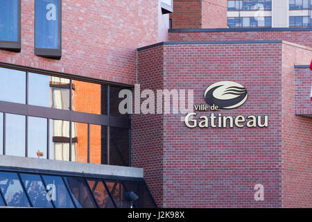 Le panneau de l'Hôtel de Ville de Gatineau (Maison du Citoyen) à Hull, Gatineau, Québec, Canada. Banque D'Images