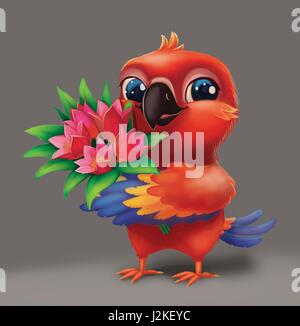 Perroquet Perruche mignon holding Flowers comme cadeau pour un être cher - Happy Blue-Eyed Hand-Drawn Personnage Cartoon Animal Banque D'Images