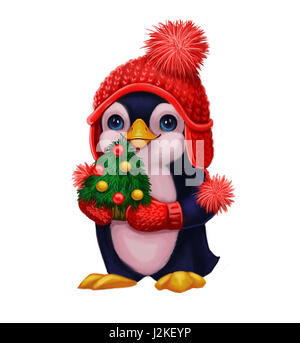 Joyeuses fêtes avec Little Penguin Caractère dans Funny Hat Holding Christmas Tree - Joyeuses Fêtes et nouvelle année, Hand-Drawn Banque D'Images