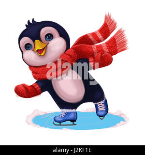 Joyeuses fêtes avec mignon personnage drôle de pingouin patin à glace - Joyeux Noël et Bonne Année Hand-Drawn Banque D'Images