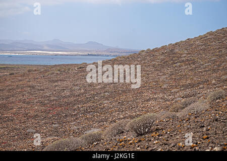 Le volcan appelé Montaña La Caldeira (le chaudron Mountain) sur l'île de Lobos, avec Fuerteventura beach derrière, Espagne Banque D'Images