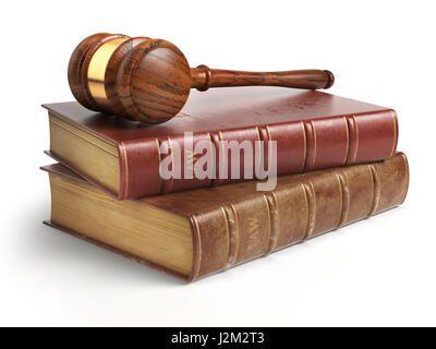 Gavel et avocat books isolé sur blanc. La justice, la loi et concept juridique. 3d illustration Banque D'Images