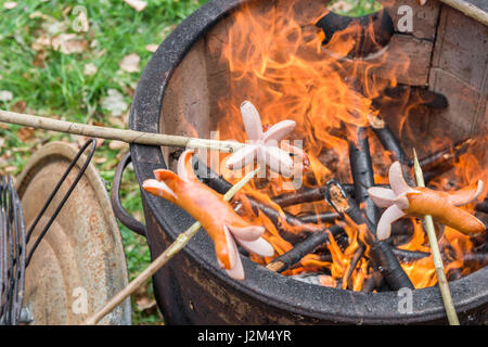 Barbecue avec un pot de feu et certaines saucisses sur des bâtons Banque D'Images