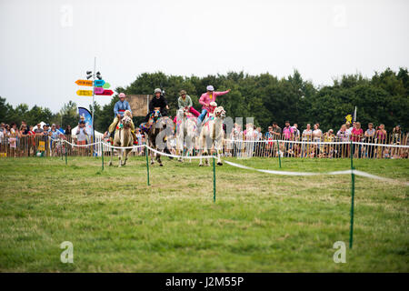 Laverstoke Park Farm, Overton, Basingstoke, Hampshire, Royaume-Uni. 27 août 2016. Les courses de chameaux à Radio 2 breakfast show DJ, Chris Evans Location Fest 2016 - Location du Sud, de l'alimentation, de la famille et de la musique pour enfants de la BBC dans le besoin. © Vous Bailey / Alamy Banque D'Images