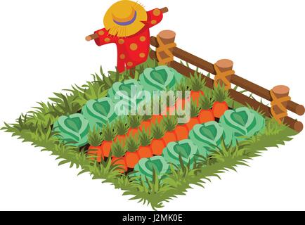 Dessin isométrique jardin légumes lit avec l'Épouvantail planté de choux et de carottes Illustration de Vecteur