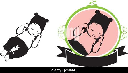 Sleeping Baby Vector Icon - Silhouette en ornement circulaire avec légende Ruban Floral Frame Illustration de Vecteur