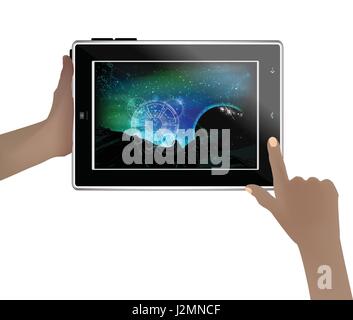 Espace papier peint sur une tablette dans la main de l'homme. Illustration pour votre conception. Planète et Gallogram au néon Illustration de Vecteur