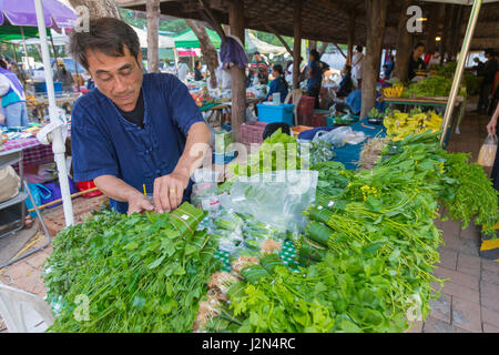 Chiang Mai, Thaïlande - 29 janvier 2017 - agriculteur prépare ses légumes pour les clients à un marché fermier le matin à Chiang Mai, Thaïlande le 20 janvier Banque D'Images