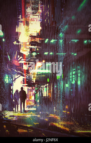 Sci-fi notion de couple walking in alley à rainy night avec style d'art numérique, illustration peinture Banque D'Images