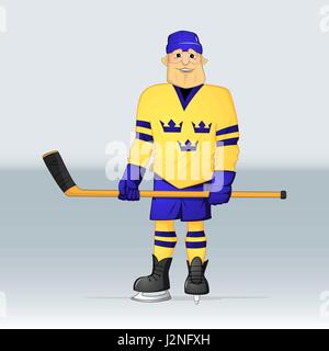L'équipe de hockey sur glace suède dvd debout avec stick dessiné dans un style cartoon Illustration de Vecteur