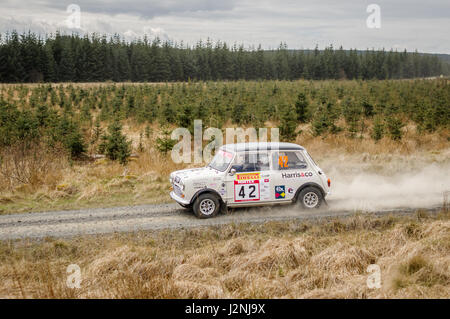 Wark, UK - 29 avril, 2017 : voiture rallye prenant part à l'International Pirelli Rally 2017 (Section historique). Phillip conducteur Harris et Richard Co-Driver Suter dans une Morris Mini Cooper. Credit : ColobusYeti/Alamy Live News. Banque D'Images