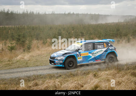 Wark, UK - Avril 29, 2017 : voiture rallye prenant part au rallye international Pirelli 2017 (BRC). David pilote Bogie et Co-Driver Kevin Rae dans une Peugeot 207 R5. Credit : ColobusYeti/Alamy Live News. Banque D'Images