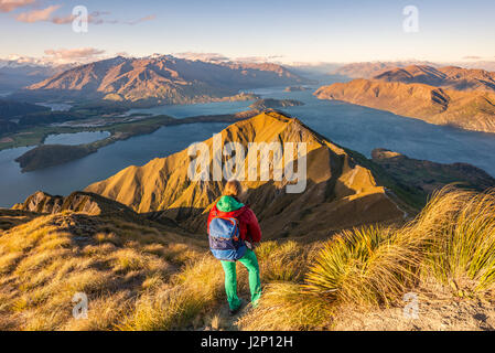 Randonneur sur chemin de pic de Roys Peak, lumière du soir, sur les montagnes et le lac, le lac Wanaka, Alpes du Sud, région de l'Otago Banque D'Images