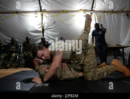 Des aviateurs supérieurs du 768e escadron de la base aérienne expéditionnaire ont fait une démonstration de JIU jitsu aux membres des Forces armées nigériennes à la base aérienne nigérienne 101, au Niger, dans le cadre d'une formation conjointe visant à développer des compétences tactiques et à renforcer les relations militaires. Banque D'Images