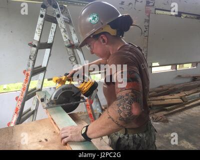KOSRAE (États fédérés de Micronésie (17 avril 2017) Builder 2e classe Desirae Cleary, de Modesto, Californie, coupe du bois de construction navale au cours de construction Mobile Bataillon (NMCB) 1 Rénovation d'une école primaire de Malem à Kosrae (États fédérés de Micronésie, le 17 avril 2017. 1 NMCB est déployée avant d'exécuter la construction, l'aide humanitaire et l'aide étrangère, les opérations spéciales des services de soutien au combat, et le théâtre à l'appui de la coopération de sécurité américaines du Pacifique. (U.S. Utilitiesman Constructionman marine photo par Matthieu Konopka) Banque D'Images