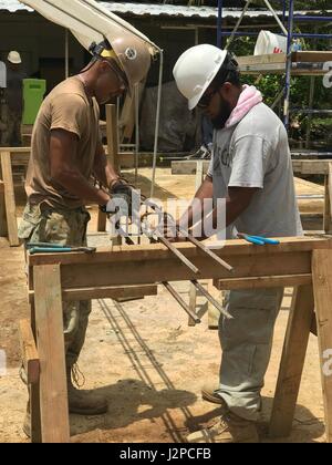 KOSRAE (États fédérés de Micronésie (19 avril 2017) 3ème classe Métallos Timothy Vincent, de Minneapolis, Minnesota, et un apprenti de construction locales travaillent ensemble pour fabriquer une cage d'armature pour faisceau d'obligations formes au cours de la Construction Navale du Bataillon mobile (NMCB) 1 Projet de clinique de santé Walung à Kosrae (États fédérés de Micronésie, le 19 avril, 2017. 1 NMCB est déployée avant d'exécuter la construction, l'aide humanitaire et l'aide étrangère, les opérations spéciales des services de soutien au combat, et le théâtre à l'appui de la coopération de sécurité américaines du Pacifique. (U.S. Photo par Utilitiesman marine Banque D'Images
