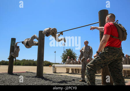 Les recrues de l'entreprise Delta, 1er Bataillon, de recrutement et de formation à la manœuvre des bars au cours de Parcours II au Marine Corps Recruter Depot San Diego, le 20 avril. Si une recrue n'a pas réussi à terminer un obstacle la première fois, il a été renvoyé à l'essayer à nouveau. Chaque année, plus de 17 000 hommes recrutés dans la région de recrutement de l'Ouest sont formés à MCRD San Diego. Delta Entreprise est prévue pour juin 30 diplômés. Banque D'Images