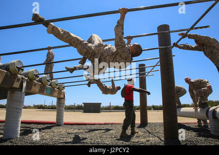 Les recrues de l'entreprise Delta, 1er bataillon de formation des recrues, de manœuvrer un obstacle lors de course à obstacles II au Marine Corps Recruter Depot San Diego, le 20 avril. Les recrues ont été autorisé à terminer l'obstacle en faisant glisser vers le bas sous une seule barre ou en tirant sur eux-mêmes et en faisant glisser vers le bas de deux bars. Chaque année, plus de 17 000 hommes recrutés dans la région de recrutement de l'Ouest sont formés à MCRD San Diego. Delta Entreprise est prévue pour juin 30 diplômés. Banque D'Images