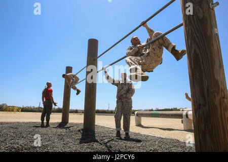 Les recrues de l'entreprise Delta, 1er Bataillon, de recrutement et de formation à la manœuvre des bars au cours de Parcours II au Marine Corps Recruter Depot San Diego, le 20 avril. Les recrues ont été enseigné différentes techniques pour les aider à remplir les obstacles qui ont testé leur force de corps supérieur et inférieur. Chaque année, plus de 17 000 hommes recrutés dans la région de recrutement de l'Ouest sont formés à MCRD San Diego. Delta Entreprise est prévue pour juin 30 diplômés. Banque D'Images