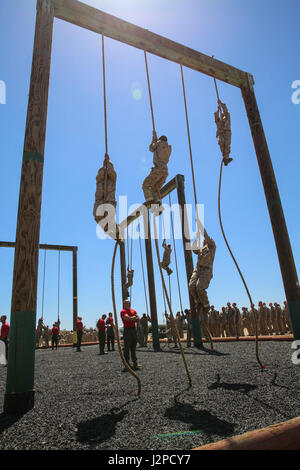 Les recrues de l'entreprise Delta, 1er bataillon de formation des recrues, monter des cordes au cours de Parcours II au Marine Corps Recruter Depot San Diego, le 20 avril. Ce fut la première occasion pour les recrues de monter les cordes, qui est le dernier obstacle dans le cours. Chaque année, plus de 17 000 hommes recrutés dans la région de recrutement de l'Ouest sont formés à MCRD San Diego. Delta Entreprise est prévue pour juin 30 diplômés. Banque D'Images