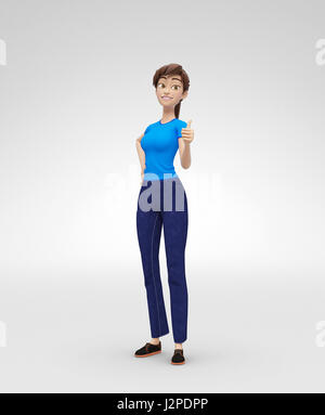 Souriant, confiant et fort Jenny - Dessins animés en 3D - Modèle de personnage féminin montre Thumbs Up en position de succès et heureux Banque D'Images