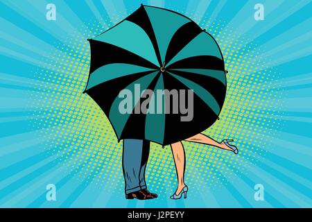 L'homme et la femme s'embrasser derrière umbrella Illustration de Vecteur