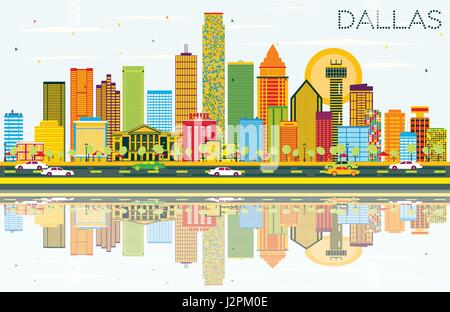 Dallas skyline avec les bâtiments, de couleur bleu ciel et réflexions. vector illustration. Les voyages d'affaires et tourisme concept avec les bâtiments modernes Illustration de Vecteur