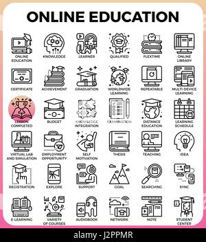 Concept de l'éducation en ligne ligne détaillées icons set dans l'icône de la ligne moderne du concept de style à l'assurance-chômage, ux, web app design Illustration de Vecteur